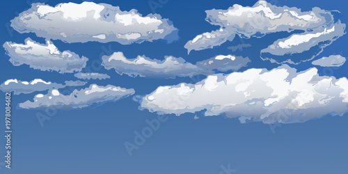 A bright blue sky filled with fluffy white cartoon style clouds