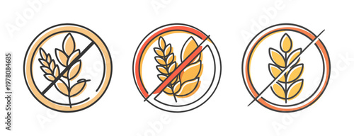 Gluten free icon set with wheat stalks in crossed out circles, allergen free food labels, organic grain free symbols for product packaging