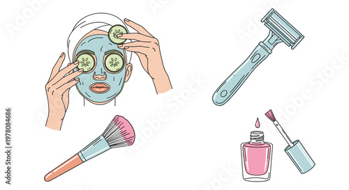 Collection of beauty and self-care icons includes a facial mask treatment, a razor, a makeup brush, and nail polish.