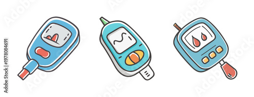 Medical blood glucose meter vector set, digital glucometer icons for diabetes monitoring, healthcare testing equipment in doodle style