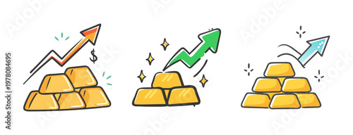 Hand drawn gold bars with rising arrows, financial growth and gold price increase icons, set of 3 doodle style bullion investment vectors
