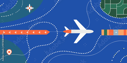 Aerial view of airplanes and travel routes on a blue background