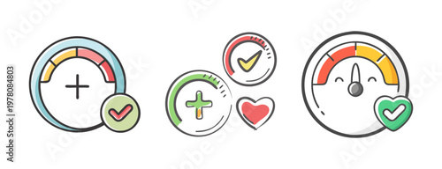 Doodle style credit score gauge icons, colorful financial health meter set, vector performance dashboard indicators with checkmarks and heart