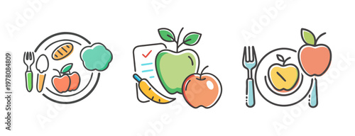 Healthy diet icons set, nutrition planning and balanced meal vector illustrations, organic food and weight loss concept graphics for wellness apps