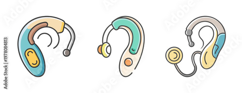 Modern hearing aid vector icons, digital ear amplifier devices for deafness, medical audiology equipment set in flat line style