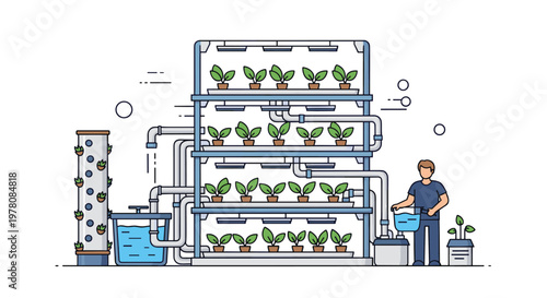 Industrial vertical hydroponic farming system uses layers of pipes to grow green plants with a worker tending the crop.