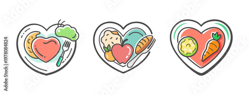 Healthy heart food icons set, nutritious diet meal on heart shaped plates, organic fruit and vegetable vector illustrations for wellness and nutrition