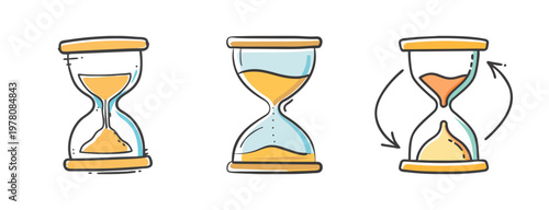 Hand drawn hourglass vector set, vintage sand timer icons showing time passing, doodle style sandglass collection for productivity and deadlines