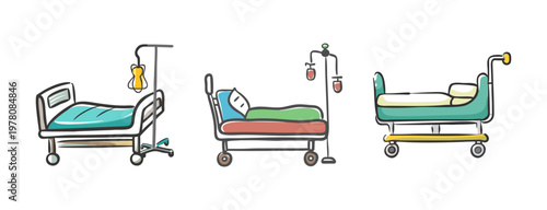 Hand drawn hospital bed vector set, medical clinic furniture with IV drip stands, cartoon style healthcare equipment icons for patient care