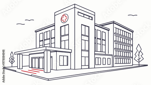 Modern medical facility entrance with clear signage and accessibility ramp