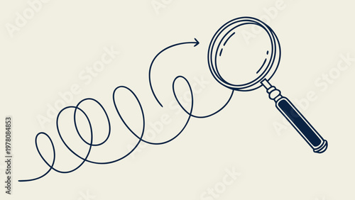 Magnifying glass examining a winding path, symbolizing research and discovery