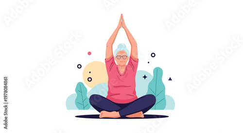 Senior woman finds inner peace by practicing yoga in a seated lotus position with her hands held in a prayer gesture.