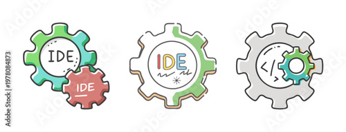 Integrated Development Environment icons, IDE software engineering gears, hand drawn coding and programming vector set for web developers