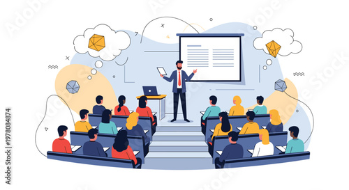 Male professor stands at a whiteboard giving an educational lecture to a class of diverse students in a modern room.