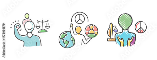 Social justice and human rights icons set, hand drawn doodle style peace and equality symbols, global activism and legal fairness vector illustrations