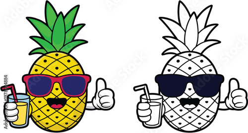 Happy Pineapple Character with Sunglasses Holding Juice and Thumbs Up