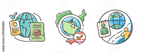 Global immigration icons set, international travel visa and passport vector illustrations, world citizenship and migration concept elements