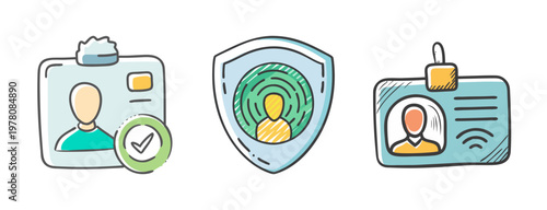 Hand-drawn security identity icons, biometric fingerprint shield and employee ID badges, colorful doodle vector set for access control and authentication