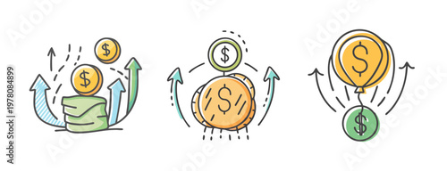 Financial growth icons set, money inflation and rising profit concept, gold coins with upward arrows, economic success and wealth accumulation vector