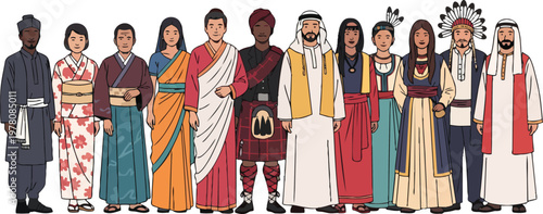 Diverse Group Of People Wearing Traditional Clothing From Around The World