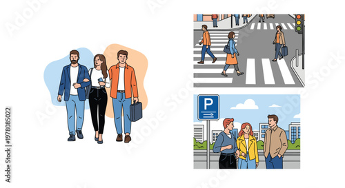 Collage of urban life scenes shows people walking together, crossing a busy street, and chatting near a parking sign.