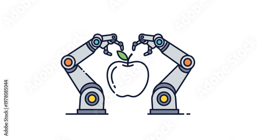 Two sophisticated robotic arms work in harmony to manipulate a single white apple icon representing high-tech farming.