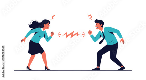 Angry man and woman in professional business attire have a heated argument with lightning bolt icons between them.