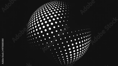 Abstract globe made of white dots on black background with circular symmetry.