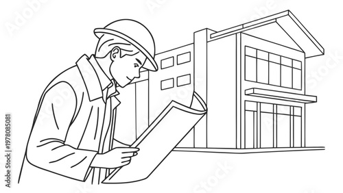 Architect reviewing blueprints in front of a modern building design.