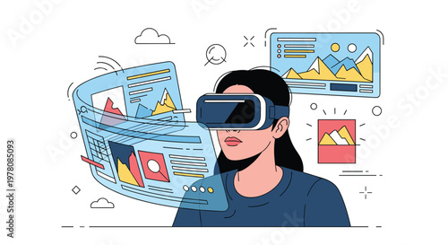 Woman wearing a virtual reality headset interacts with immersive digital documents and colorful data visualizations.