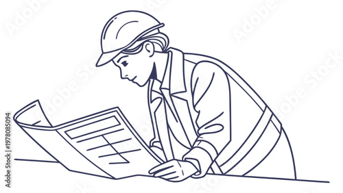 Focused female engineer in hard hat reviews construction plans with concentration