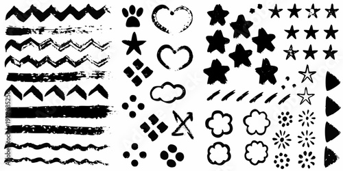 Collection of hand drawn black shapes lines and decorative elements on white