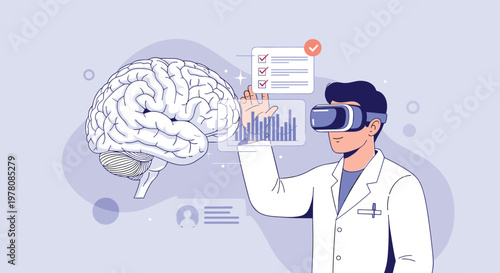 Male doctor wearing virtual reality goggles explores a large digital 3D model of the human brain for medical analysis.
