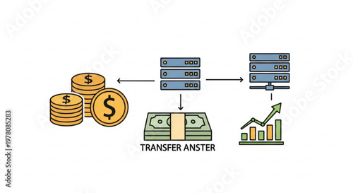 A vector graphic illustrating the concept of money transfer and financial growth through digital servers and databases.