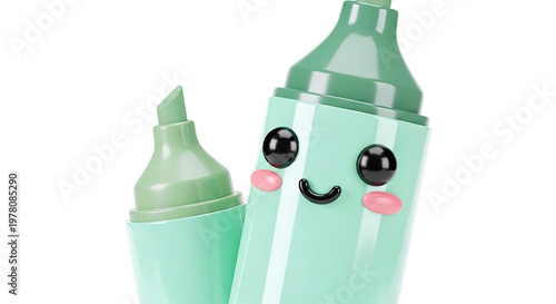 Cute Mint Green Highlighters with Kawaii Faces