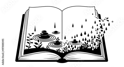 An open book with raindrops falling.