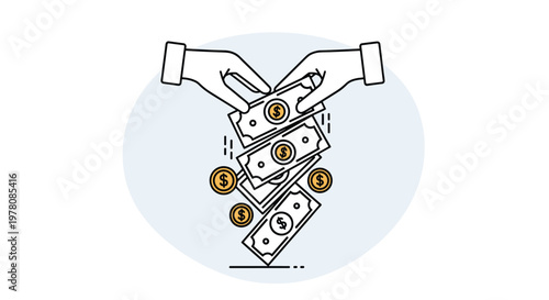 Hands releasing banknotes and coins into a pile representing financial loss, donation, or money flow in a business context.