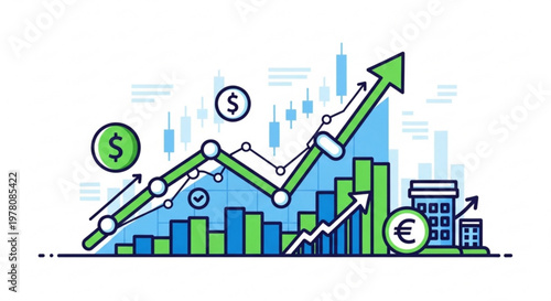 A vector graphic illustration of a growing financial chart with arrows and currency symbols