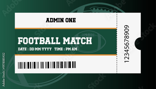 American football match ticket, sport event ticket stub, green and white football ticket, barcode ticket