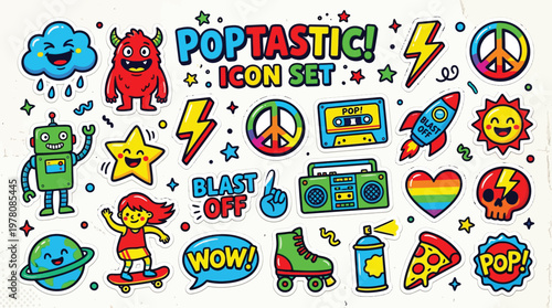 A vibrant collection of retro-inspired pop art icons featuring a robot, monster, cassette tape, boombox, and various symbols of fun and positivity.
