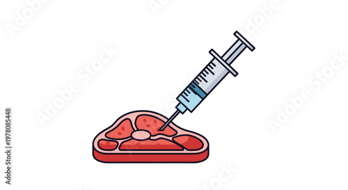 Medical syringe injecting substances into a piece of raw steak representing food processing, additives, or lab-grown meat.