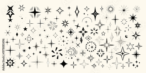 A multitude of black starbursts sparkles and celestial design elements