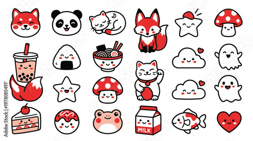 A vibrant collection of adorable kawaii-style illustrations featuring cute animals, food items, and whimsical characters.