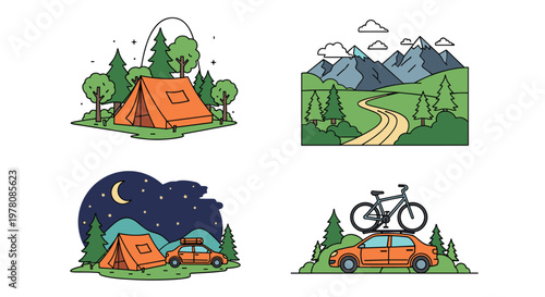Diverse outdoor adventure scenes including mountain trails, forest camping, night camping, and a car with a bicycle on top.