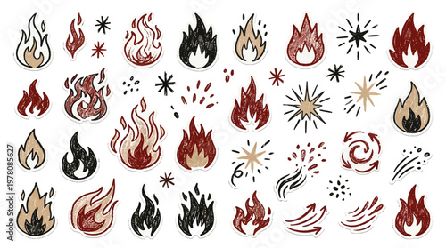 A diverse collection of hand-drawn fire and flame illustrations in various styles and colors, including sparks and abstract representations.