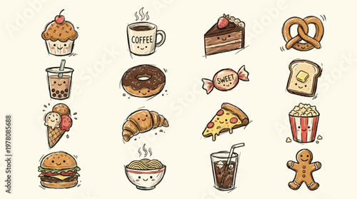 A charming collection of cute, hand-drawn illustrations featuring a variety of popular sweet and savory food items and beverages, each with a happy face.