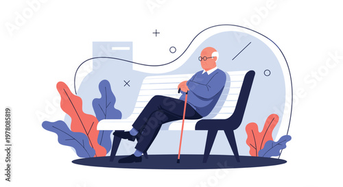 Senior man sitting on a white park bench against a stylized blue and orange background representing retirement and peace.