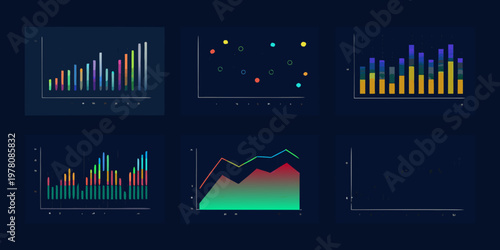Abstract data visualization with colorful charts and graphs on a dark background