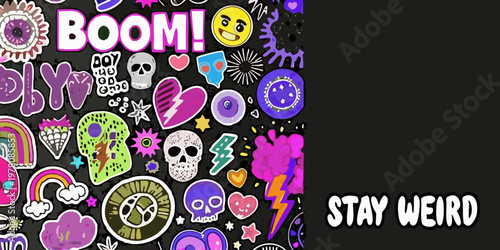 Colorful sticker collage with boom and stay weird text elements