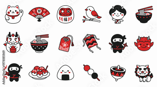 A vibrant collection of Japanese cultural icons, featuring lucky cats, daruma dolls, ninjas, and traditional foods, rendered in a charming cartoon style.